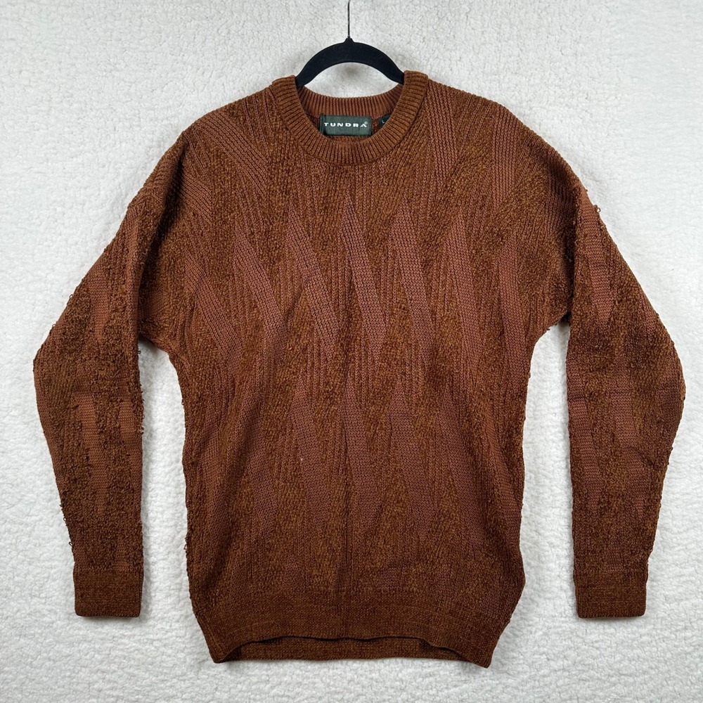 Vtg 90s Tundra Canada Mens L Rust Brown Textured Diamond Knit Crew Neck Sweater